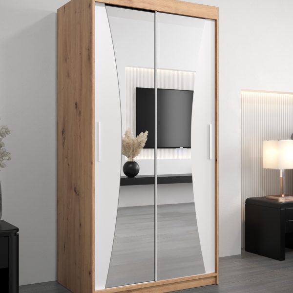 Kledingkast MONACO 100 cm, romp in de kleur eiken artisan, fronten in wit met spiegel.