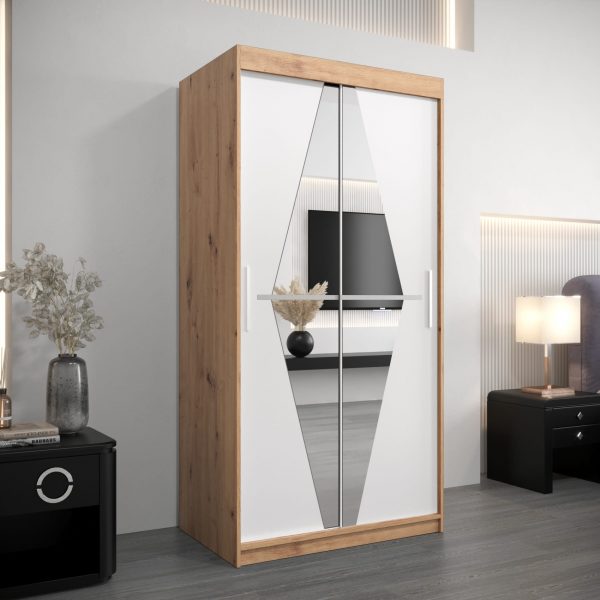 Kledingkast BOLIWIA 100 cm, corpus in artisan eiken, front in wit met geslepen spiegel.