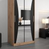 Kledingkast MONACO 100 cm, romp in de kleur eiken artisan, fronten in zwart met spiegel.