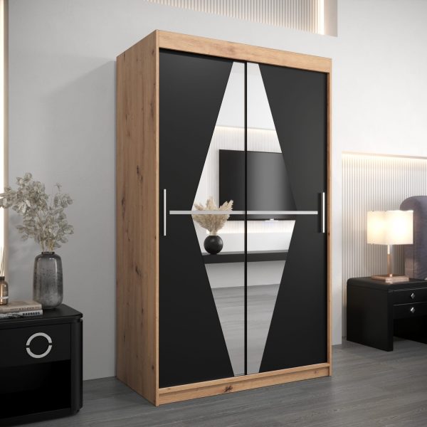Kledingkast BOLIWIA 120 cm, corpus in eiken artisan, fronten in zwart met spiegel