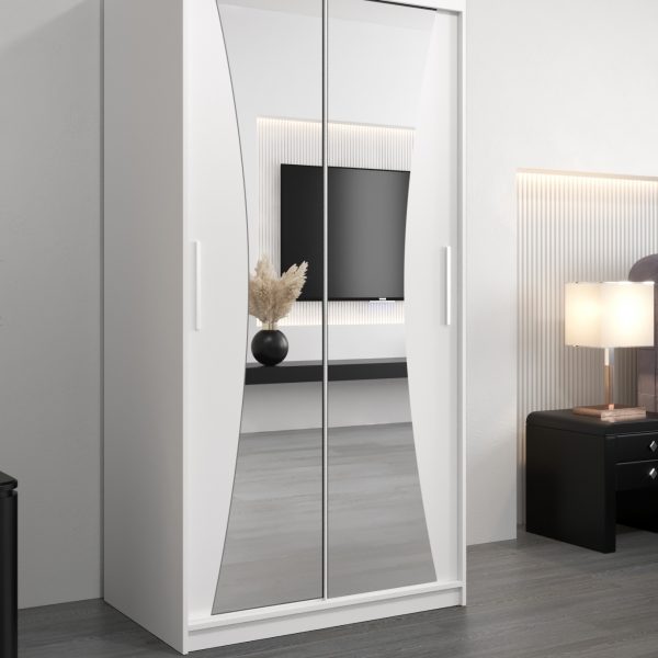 Kledingkast MONACO 100 cm, romp in de kleur wit, fronten in wit met spiegel.