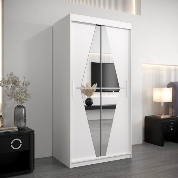 Kledingkast BOLIWIA 100 cm, corpus in wit mat, front in wit met geslepen spiegel.