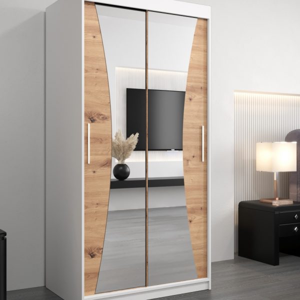 Kledingkast MONACO 100 cm, romp in de kleur wit, fronten in eiken artisan met spiegel.
