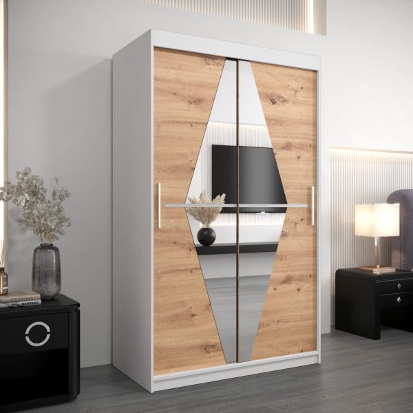 Kledingkast BOLIWIA 120 cm, corpus in wit, fronten in eiken artisan met spiegel