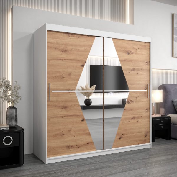 Szafa BOLIWIA 200 cm, korpus biały front dąb artisan z lustrem