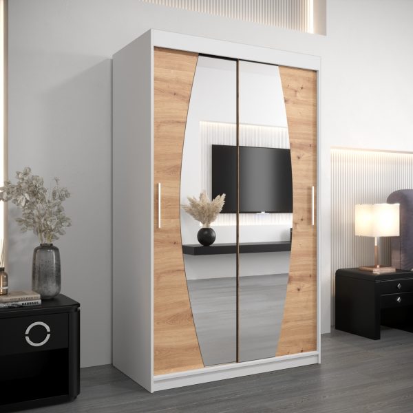 Kledingkast ELIPSO 120 cm, corpus in de kleur wit, fronten artisan eiken met spiegel.