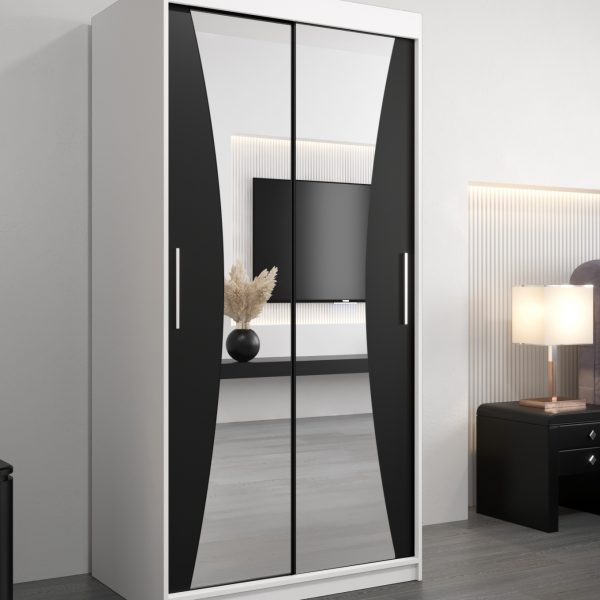 Kledingkast MONACO 100 cm, romp in de kleur wit, fronten in zwart met spiegel.