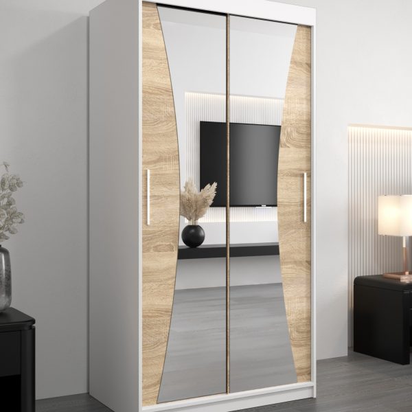 Kledingkast MONACO 100 cm, romp in de kleur wit, fronten in eiken sonoma met spiegel.