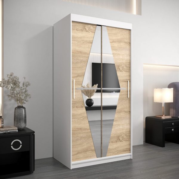 Kledingkast BOLIWIA 100 cm, corpus in wit, front in eiken sonoma met geslepen spiegel.