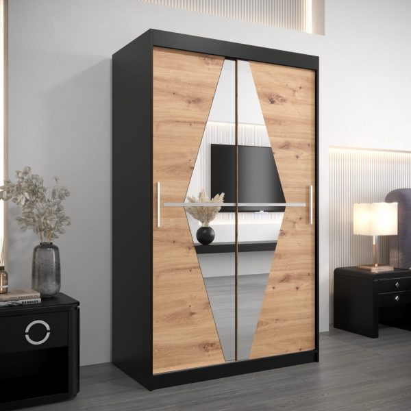 Kledingkast BOLIWIA 120 cm, corpus in zwart, fronten in eiken artisan met spiegel