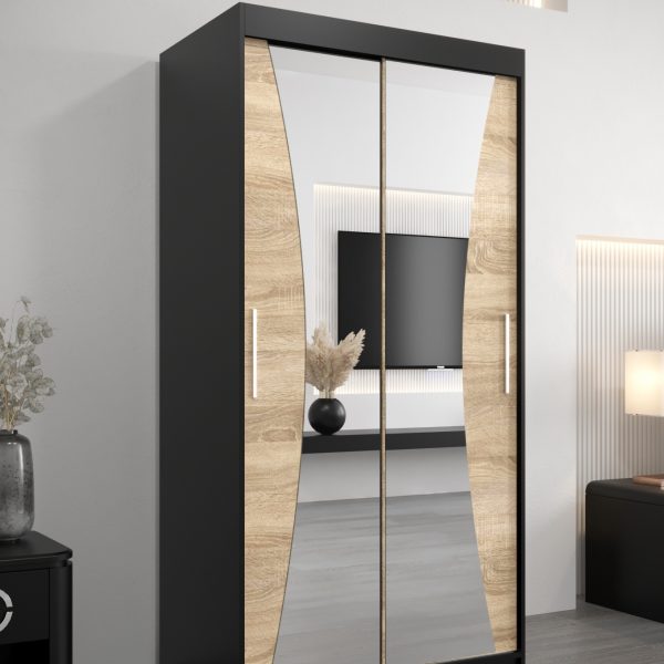 Kledingkast MONACO 100 cm, romp in de kleur zwart, fronten in eiken sonoma met spiegel.
