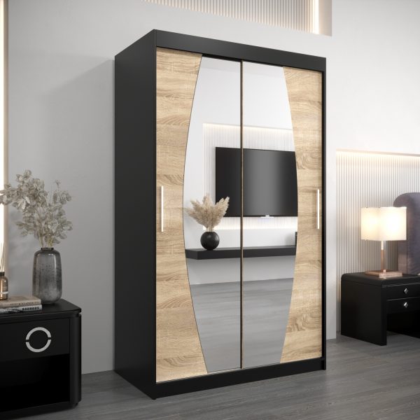 Kledingkast ELIPSO 120 cm, corpus in de kleur zwart, fronten sonoma eiken met spiegel.