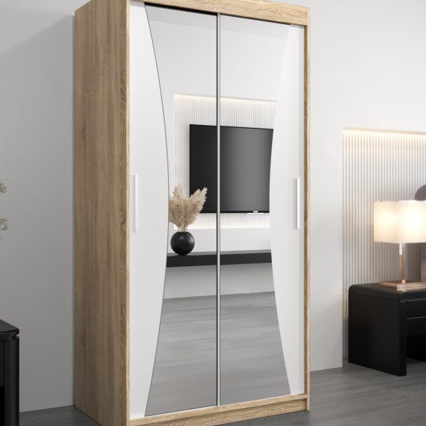 Kledingkast MONACO 100 cm, romp in de kleur eiken sonoma, fronten in wit met spiegel.