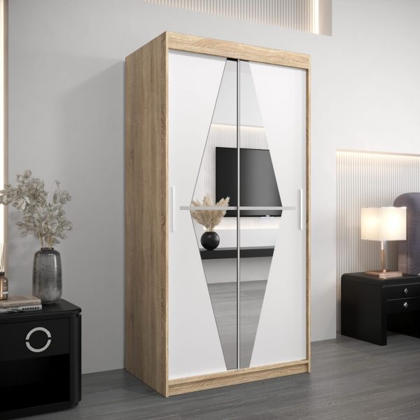 Kledingkast BOLIWIA 100 cm, corpus in eiken sonoma, front in wit met geslepen spiegel.