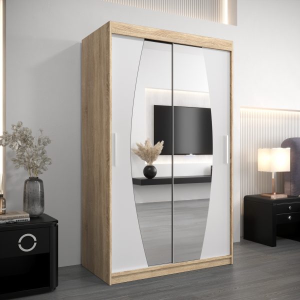Kledingkast ELIPSO 120 cm, corpus in de kleur sonoma eiken, fronten zwart met spiegel.