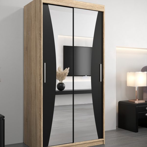 Kledingkast MONACO 100 cm, romp in de kleur eiken sonoma, fronten in zwart met spiegel.