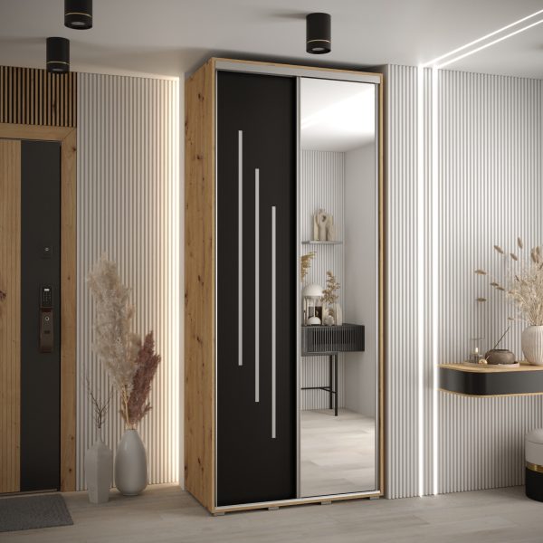 Kast CANNES 9 100 Breedte: 45 cm Korpus: artisan eiken Front: zwart Lijst: zilverkleurig