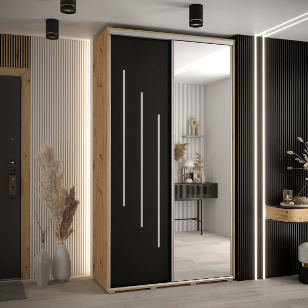 Kast CANNES 9 130 Breedte: 45 cm Korpus: artisan eiken Front: zwart Lijst: zilverkleurig