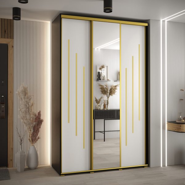 Kast CANNES 9-150 Breedte: 45 cm Korpus: zwart Front: wit Lijst: goudkleurig ,spiegel